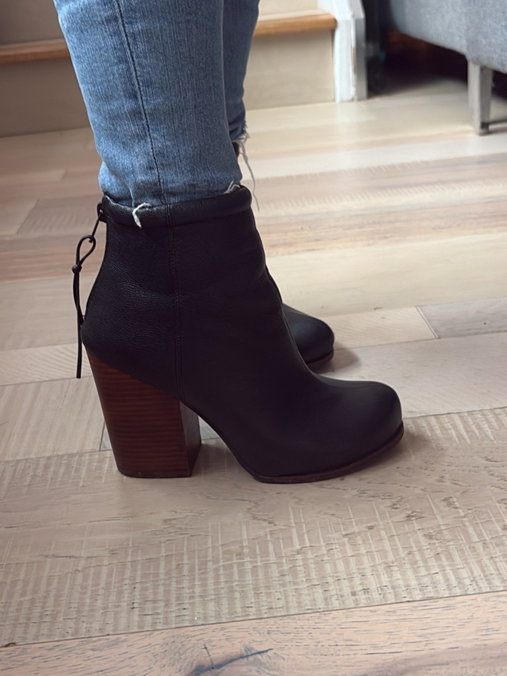 Jeffrey Campbell Black Leather Stacked Heel Ankle Boots